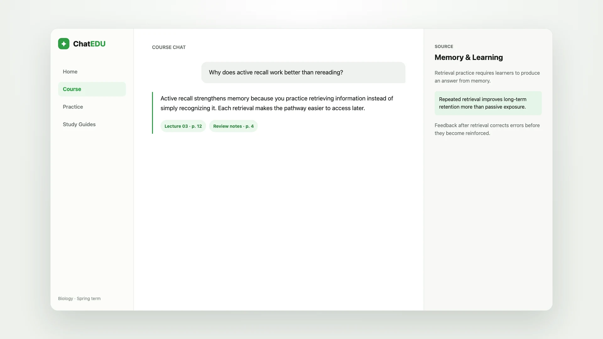ChatEDU product demo showing a student uploading class materials, asking a cited question, practicing, and reviewing progress